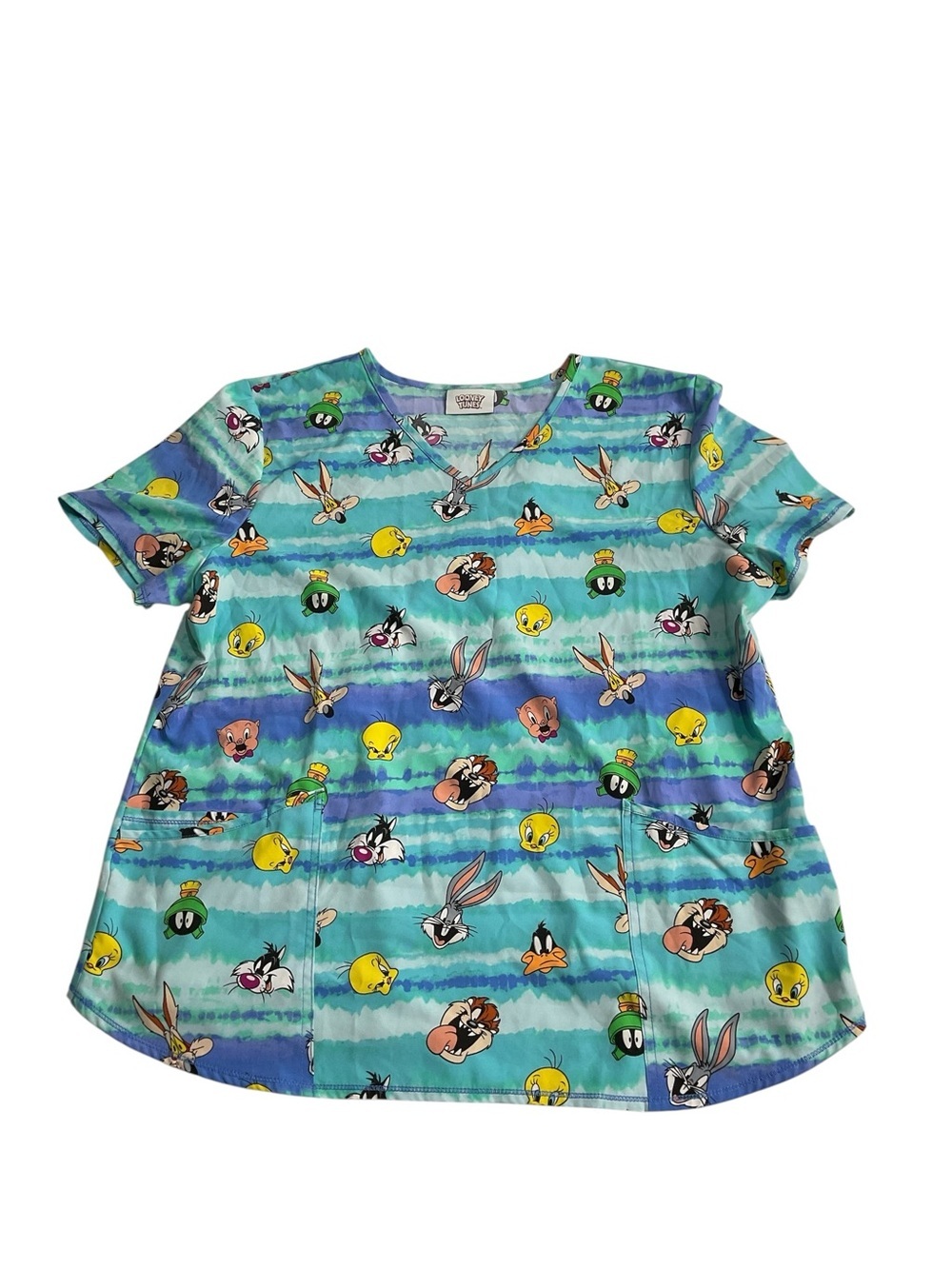 Looney Tunes Character Scrub Top XL Blue Tweety Bugs Bunny Taz Sylvester